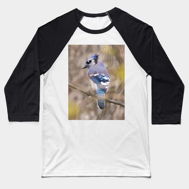 Blue Jay with brown and grey blurred background and green blurred leaves Baseball T-Shirt by BirdsnStuff